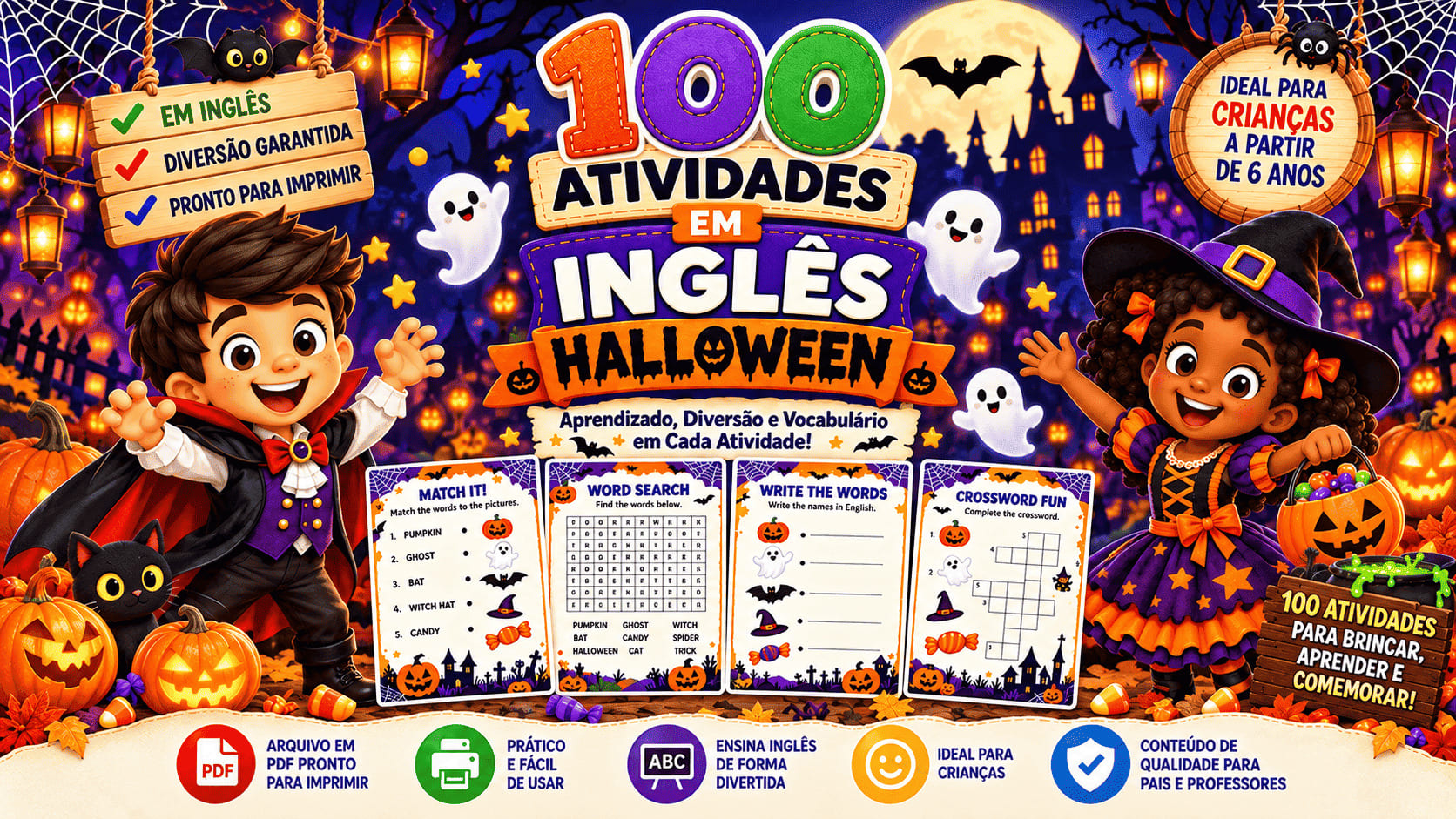 Capa oficial mobile do Kit 100 Atividades de Halloween em Inglês