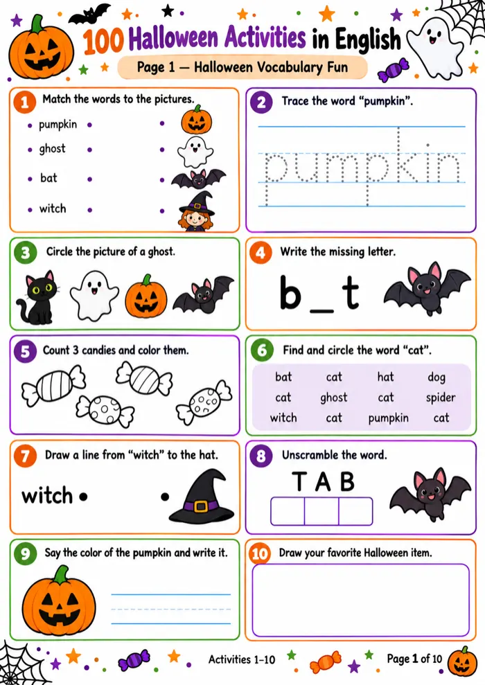 Amostra 1 das atividades de Halloween em inglês