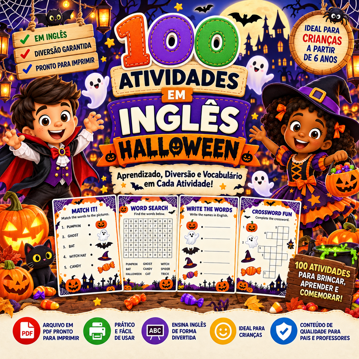 Capa oficial do Kit 100 Atividades de Halloween em Inglês